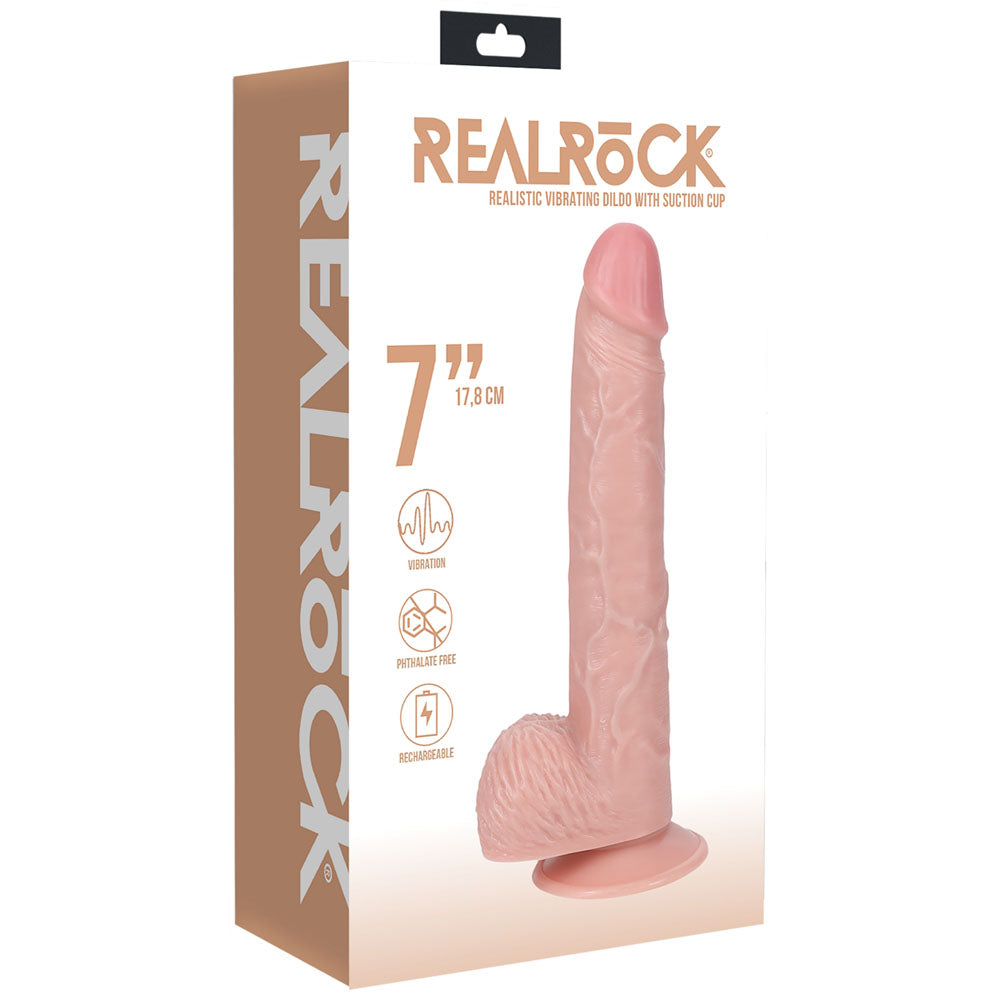 REALROCK 18cm Vibrating Cock + Balls -  -  17.8 cm (7'') USB Rechargeable Vibrating Dong packaging image.