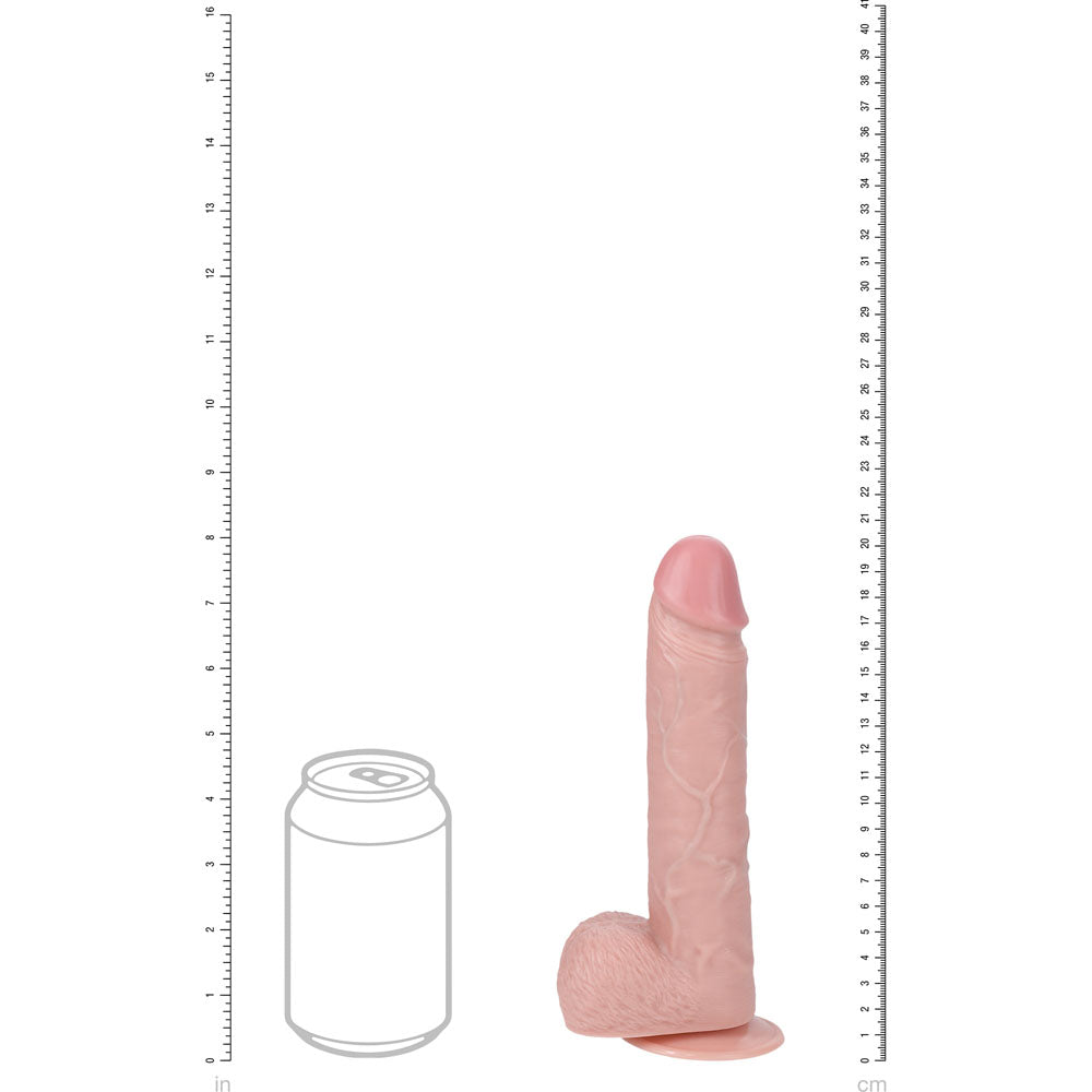 REALROCK 20cm Vibrating + Rotating Cock + Balls -  -  20.3 cm (8'') USB Rechargeable Vibrating and Rotating Dong next to a soda can for size comparison.
