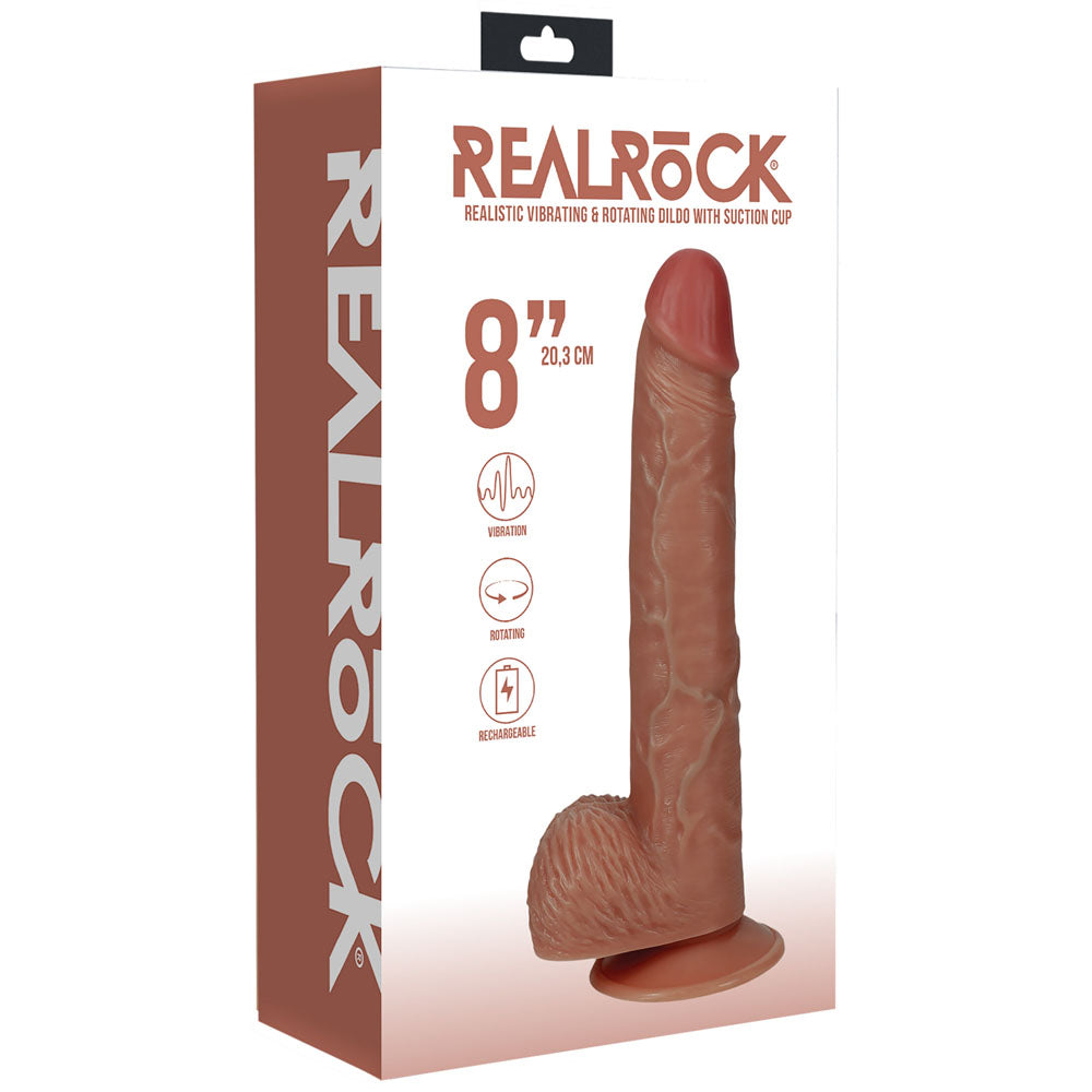 REALROCK 20cm Vibrating + Rotating Cock + Balls - Tan - Tan 20.3 cm (8'') USB Rechargeable Vibrating and Rotating Dong packaging.