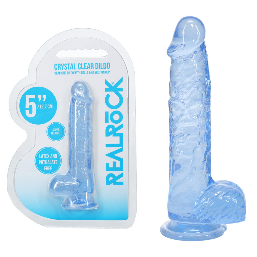 REALROCK 5'' Crystal Clear Dildo with Balls -  - Clear  14.7 cm Dong displayed with packaging.