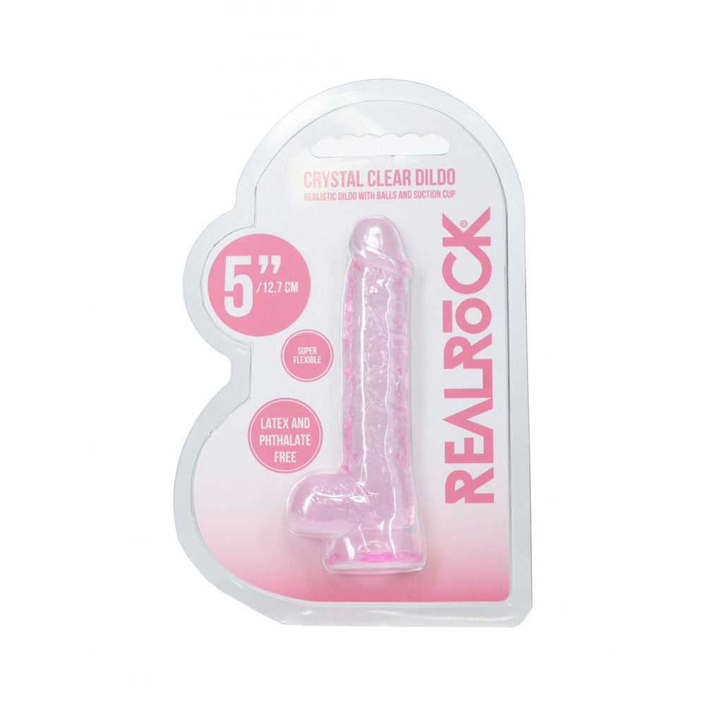 REALROCK 5'' Crystal Clear Dildo with Balls -  - Clear  14.7 cm Dong in packaging with suction cup.