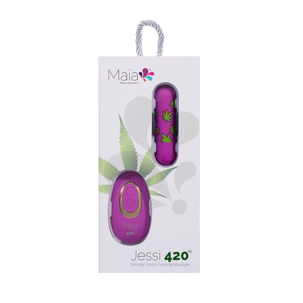 Maia JESSI 420 Remote - 7.6 cm USB Rechargeable Bullet with Wireless Remote product packaging with hemp leaf design.