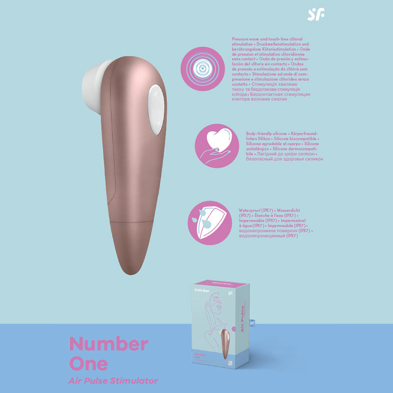 Satisfyer Number 1 - Touch-Free Clitoral Stimulator in rose gold with packaging on blue background.
