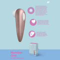 Satisfyer Number 1 - Touch-Free Clitoral Stimulator in rose gold with packaging on blue background.