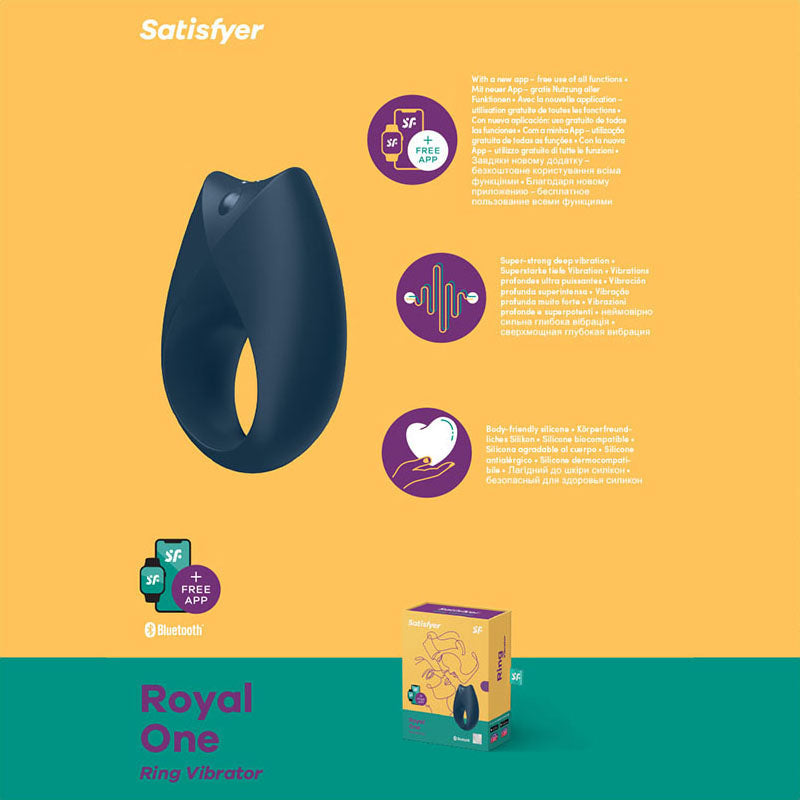 Satisfyer Royal One - App Controlled Vibrating Cock Ring displayed with features and packaging on a vibrant background.