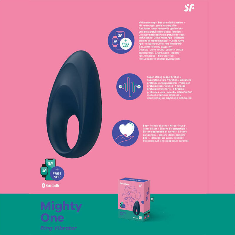 Satisfyer Mighty One - App Controlled Vibrating Cock Ring showcasing its design and features, including Bluetooth connectivity and waterproof rating.