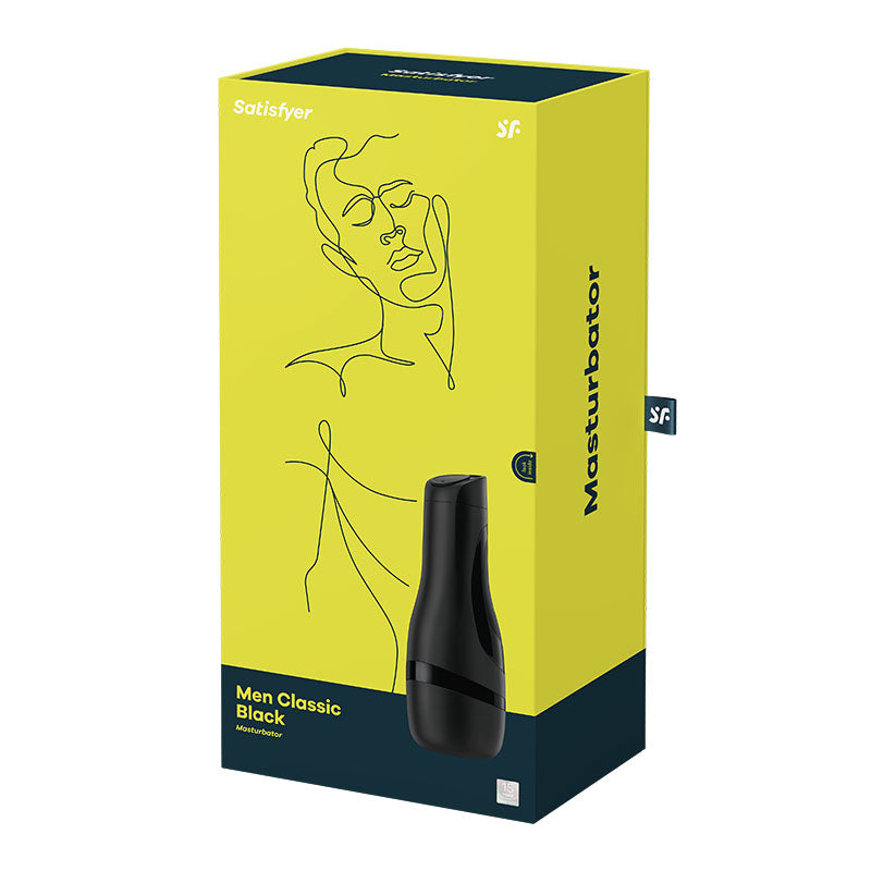 Satisfyer Men Classic - Black Stroker packaging featuring a sleek design and stimulating features for men's pleasure.