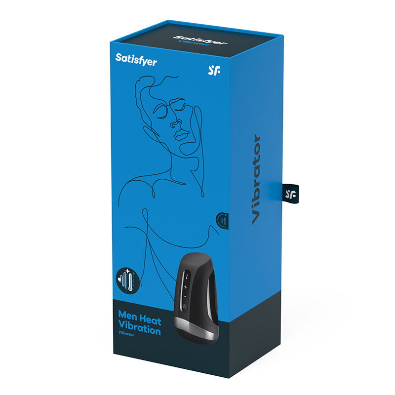 Satisfyer Men Heat Vibration -  USB Rechargeable Masturbator packaging with artistic design and features listed.