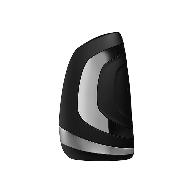 Satisfyer Men Heat Vibration - USB Rechargeable Masturbator in sleek black design with metallic accents.