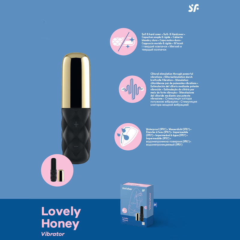 Satisfyer Mini Sparking Darling - Gold/Black USB Rechargeable Mini Vibrator with hygienic removable cap.