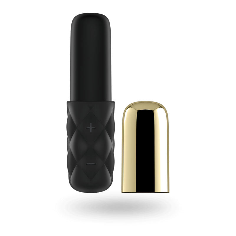 Satisfyer Mini Sparking Darling - Gold/Black USB Rechargeable Mini Vibrator with removable cap for versatile use.