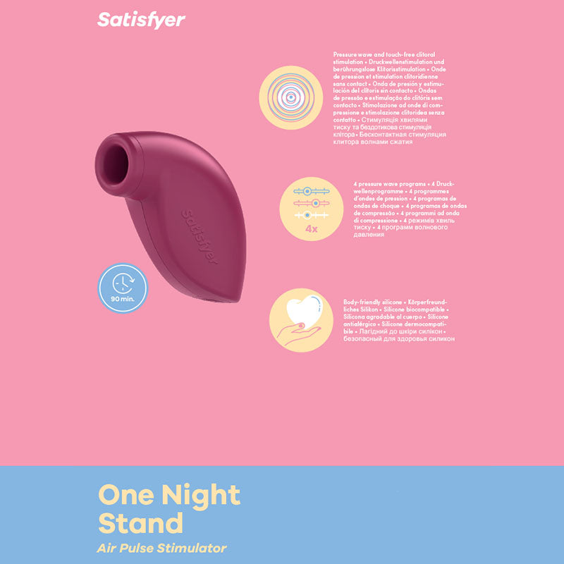 Satisfyer One Night Stand - Touch-Free Disposable Clitoral Stimulator on pink background with features.