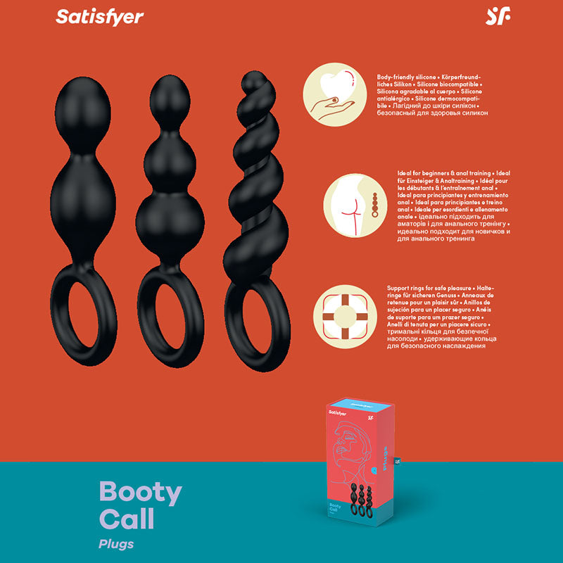 Satisfyer Booty Call -  Butt Plugs - Set of 3 featuring different shapes, soft silicone, and safety rings for pleasure.