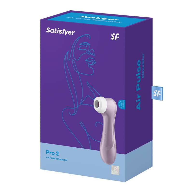 Satisfyer Pro 2 -  - Touch-Free USB-Rechargeable Clitoral Stimulator packaging with a graphic design and product details.