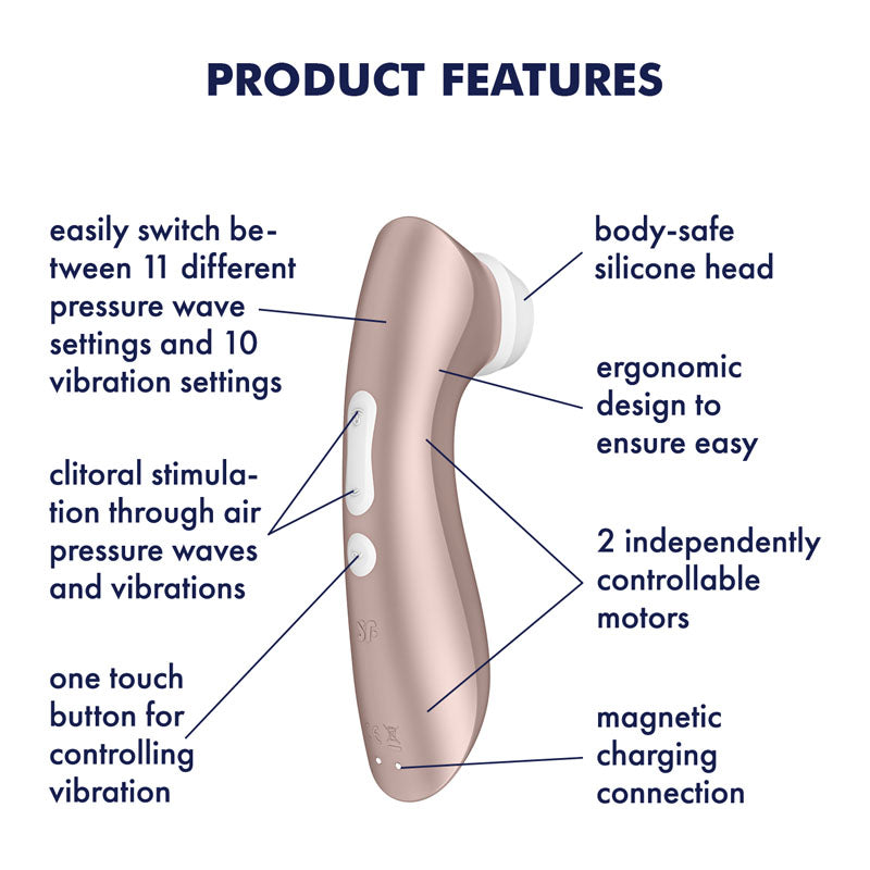 Satisfyer Pro 2+  -  Touch-Free USB-Rechargeable Clitoral Stimulator with Vibration product features.