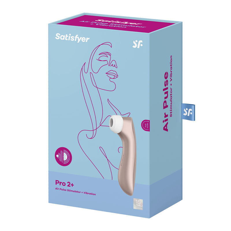 Satisfyer Pro 2+ - Touch-Free USB-Rechargeable Clitoral Stimulator with Vibration packaging image.