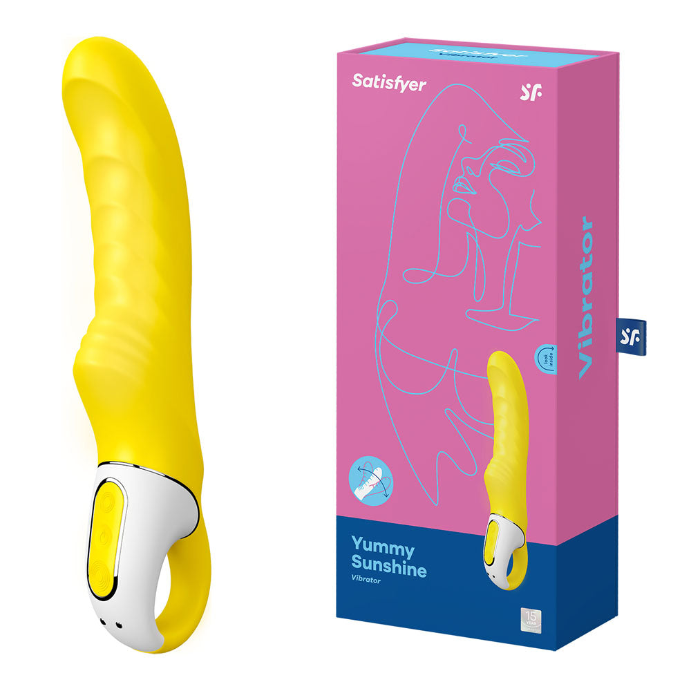 Satisfyer Vibes - Yummy Sunshine - USB Rechargeable Vibrator, features deep vibrations and sensually ribbed structure.