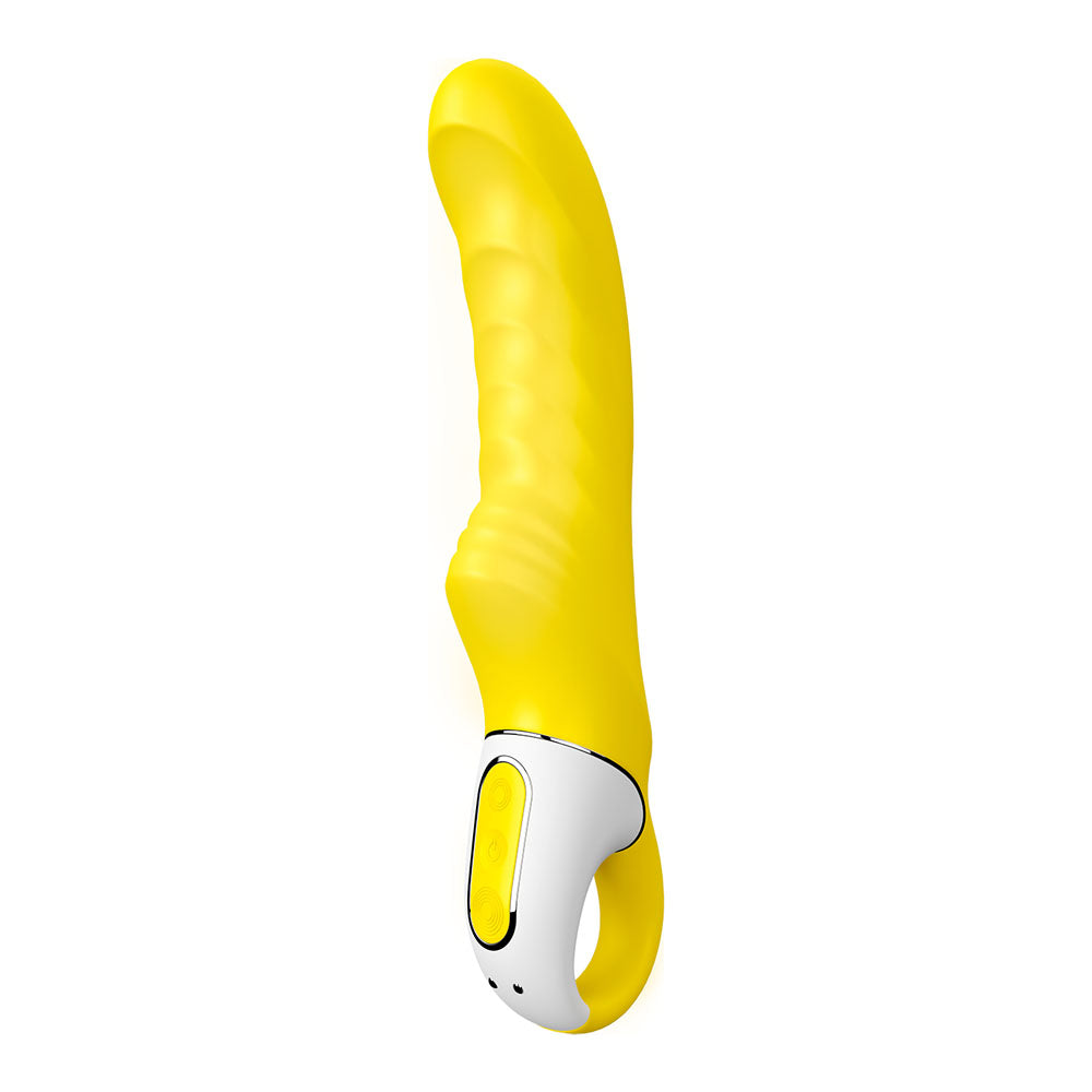 Satisfyer Vibes - Yummy Sunshine - USB Rechargeable Vibrator in bright yellow with ribbed texture for intense pleasure.