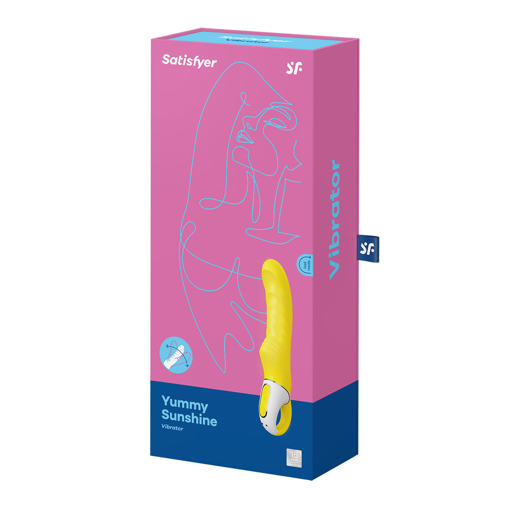 Satisfyer Vibes - Yummy Sunshine - USB Rechargeable Vibrator packaging featuring a vibrant yellow design.