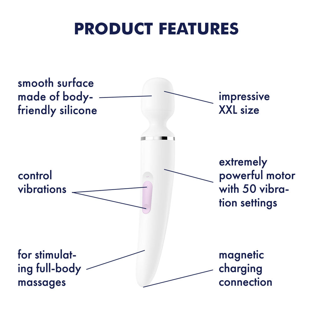Product features for Satisfyer Wand-er Woman - USB Rechargeable Massager Wand, highlighting silicone surface and powerful motor.