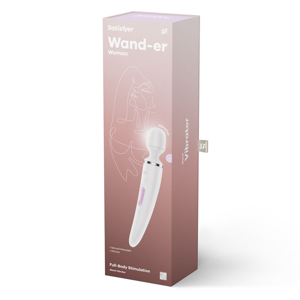 Satisfyer Wand-er Woman - USB Rechargeable Massager Wand packaging showcasing full-body stimulation for relaxation.