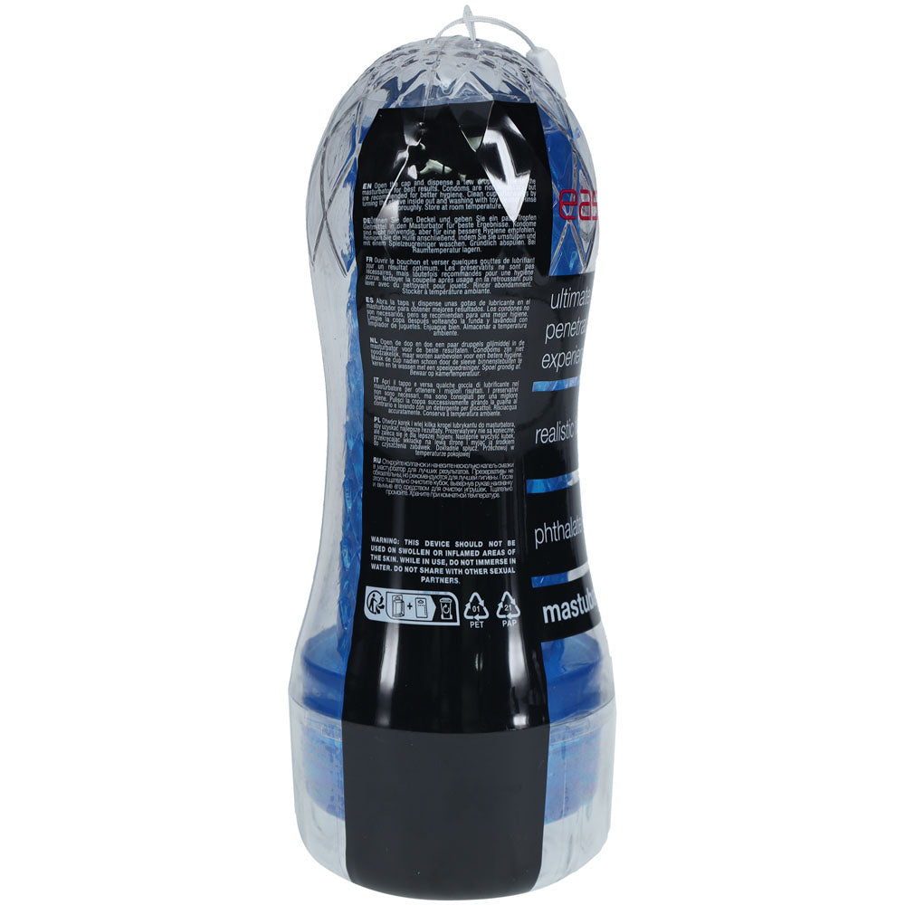 SHOTS Easy Rider -  -  Vagina Stroker in a clear design, showcasing instructions and features for optimal use.