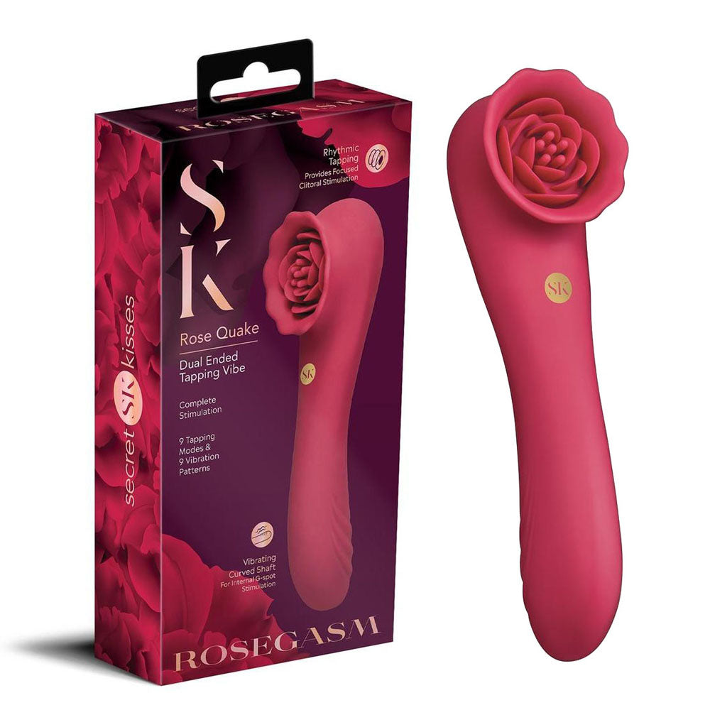 Secret Kisses ROSEGASM ROSE QUAKE - 18.8 cm USB Rechargeable Dual Ended Tapping Vibrator in packaging.