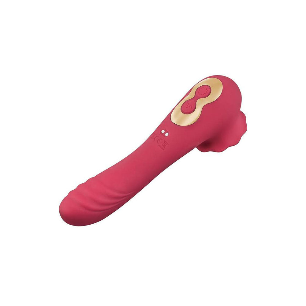 Secret Kisses ROSEGASM ROSE QUAKE -  18.8 cm USB Rechargeable Dual Ended Tapping Vibrator in vibrant pink.