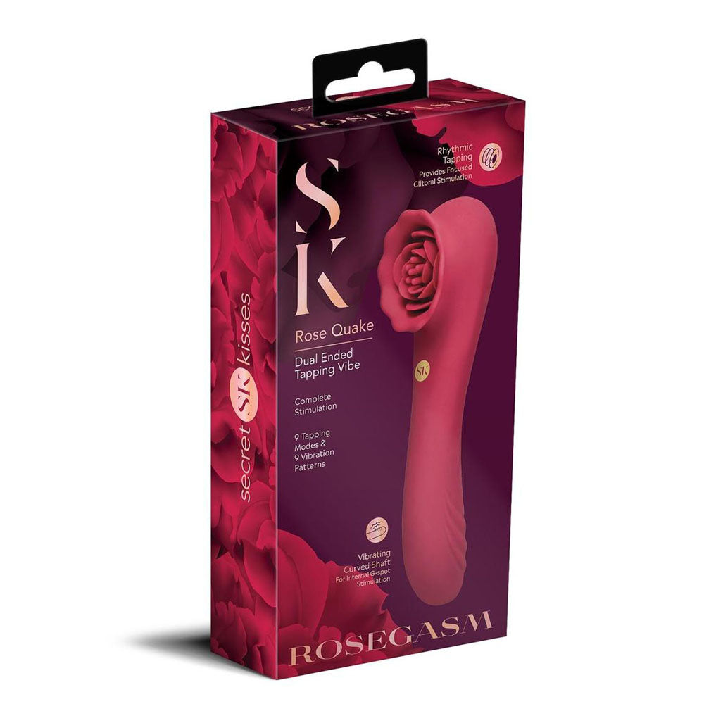 Secret Kisses ROSEGASM ROSE QUAKE - 18.8 cm USB Rechargeable Dual Ended Tapping Vibrator packaging display.