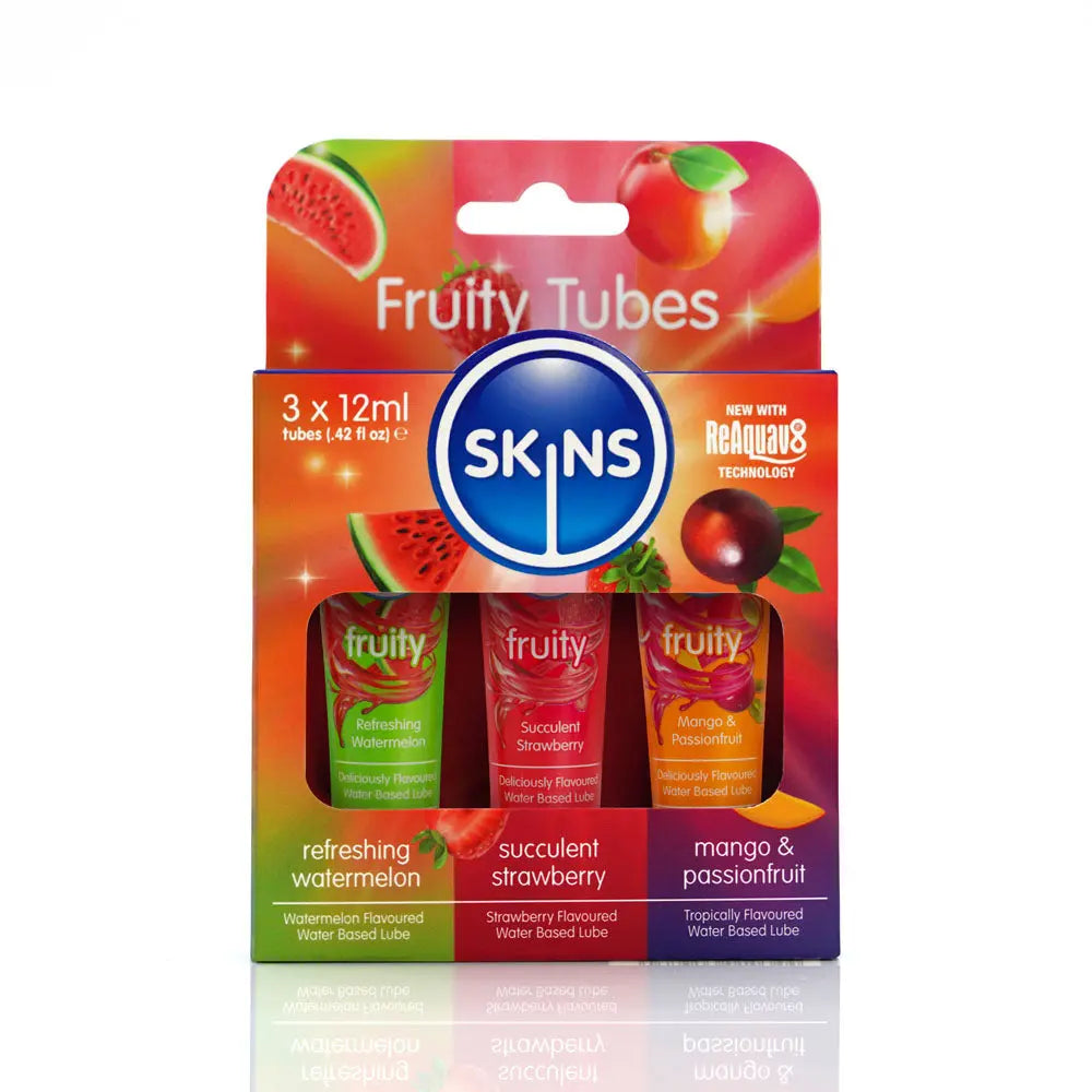 Skins Fruity Tubes - Watermelon, Strawberry, & Mango & Passionfruit Flavoured Lubricants - 12 ml Bottles Creative Conceptions Discreet Intimate Essentials.
