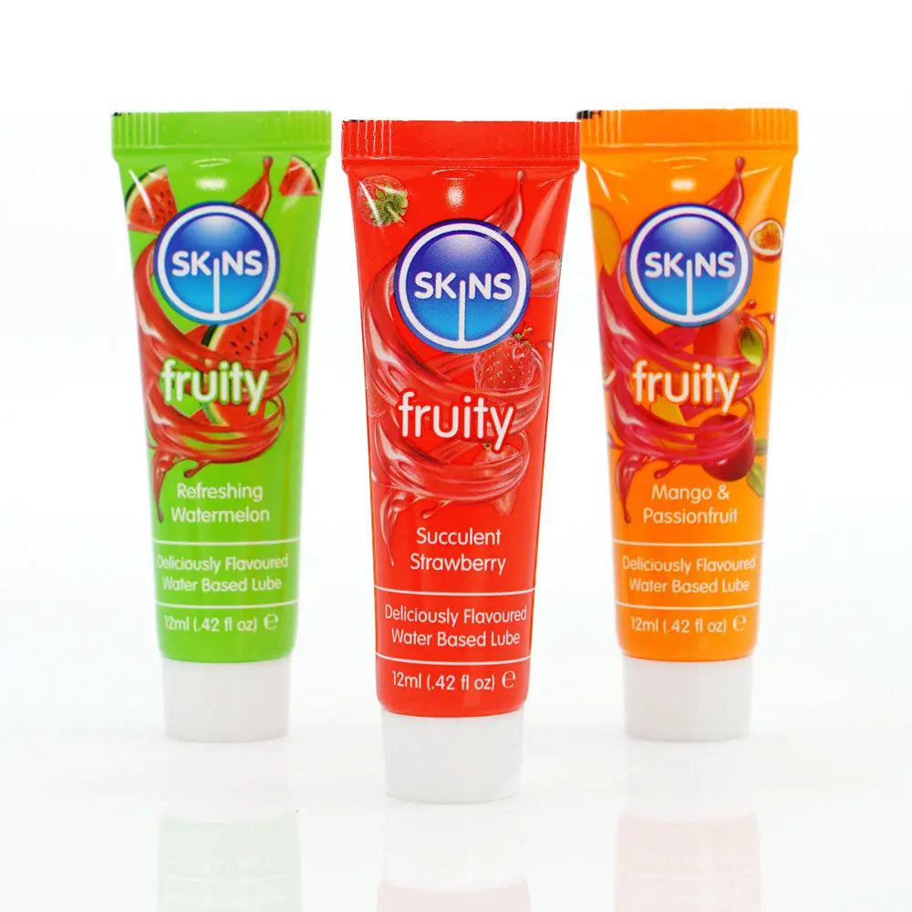 Skins Fruity Tubes - Watermelon, Strawberry, & Mango & Passionfruit Flavoured Lubricants - 12 ml Bottles Creative Conceptions Discreet Intimate Essentials.