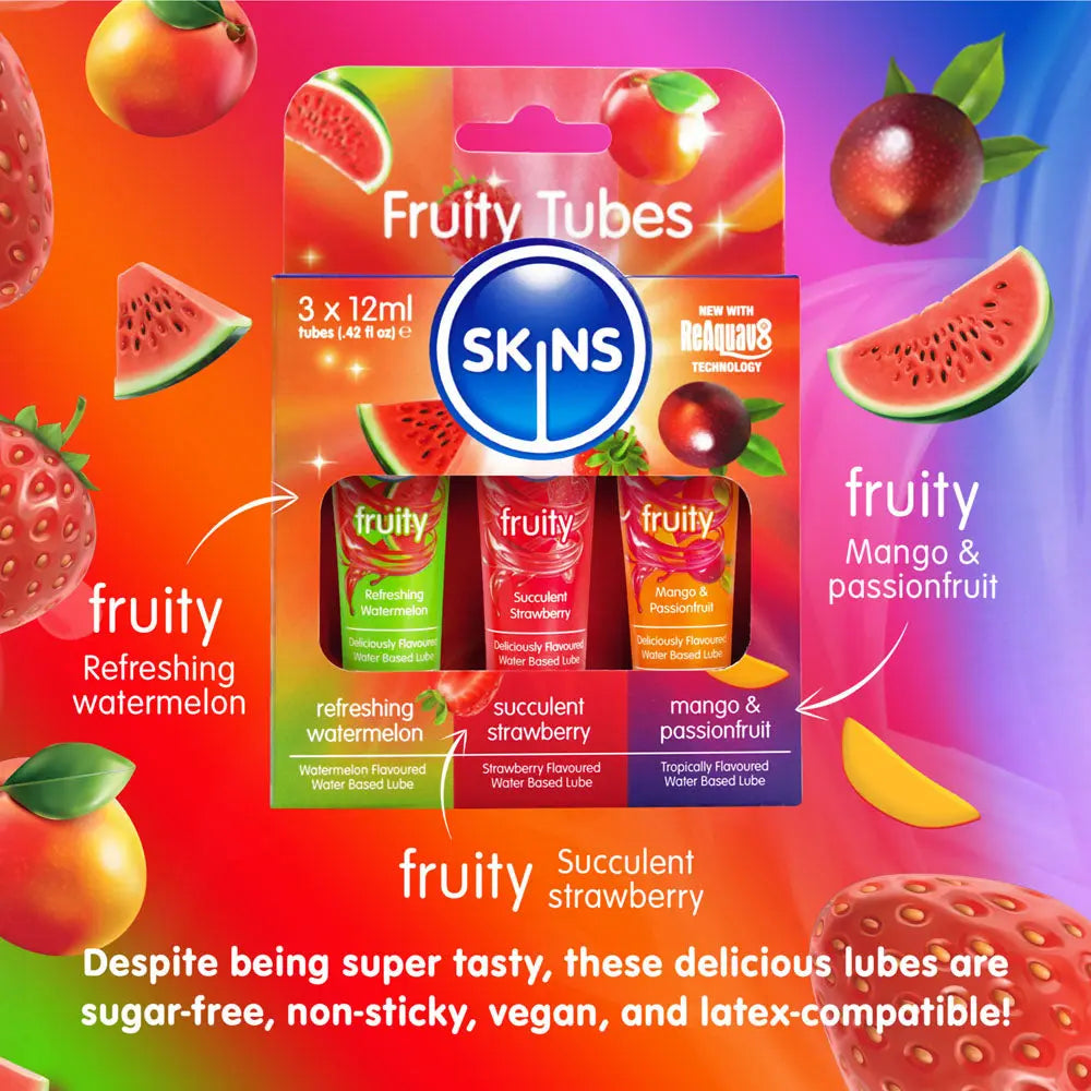 Skins Fruity Tubes - Watermelon, Strawberry, & Mango & Passionfruit Flavoured Lubricants - 12 ml Bottles Creative Conceptions Discreet Intimate Essentials.