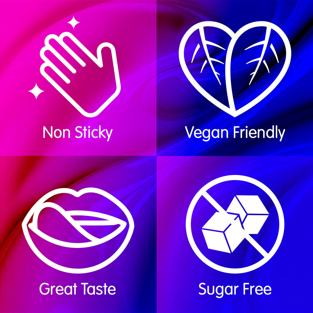Non Sticky, Vegan Friendly, Great Taste, and Sugar Free icons for Skins Fruity Tubes - Watermelon, Strawberry, & Mango & Passionfruit Lubricants.