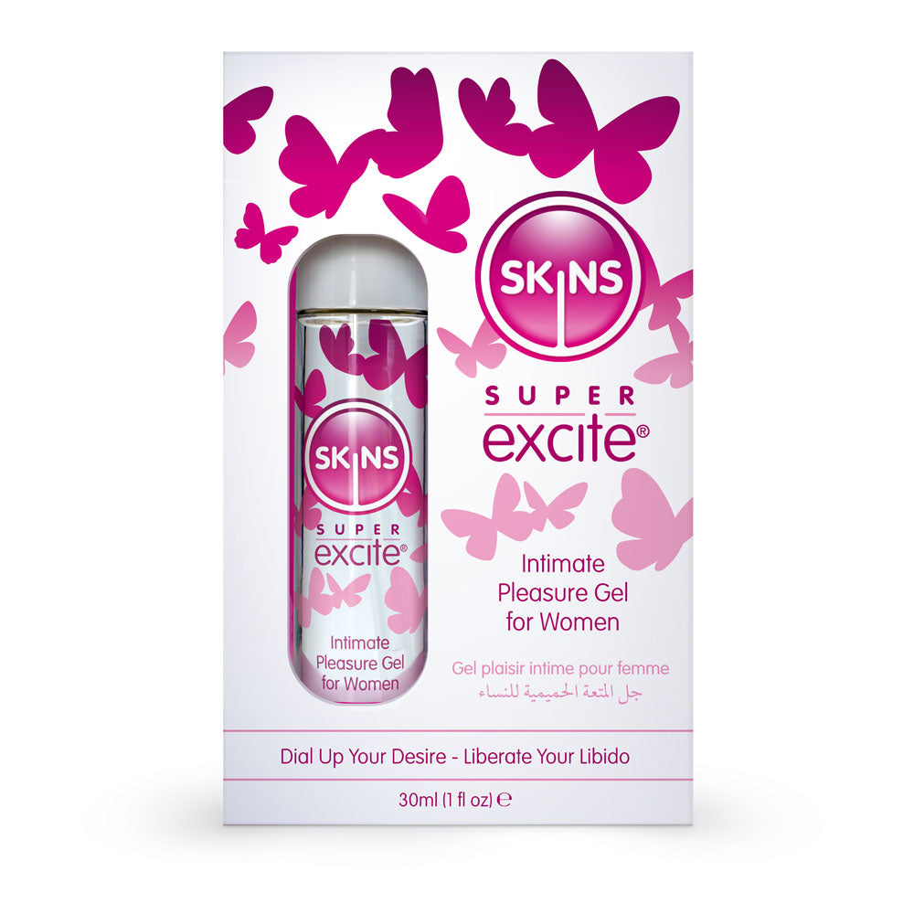 Skins Super Excite - Intimate Pleasure Gel for Women - 30 ml packaging featuring butterflies and a sensual design.
