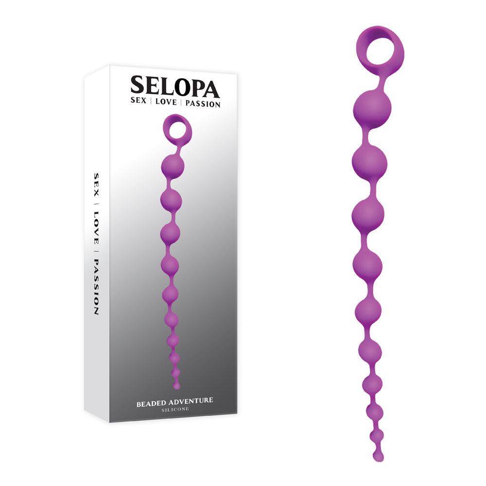 Selopa BEADED ADVENTURE - 35.5 cm Anal Beads in purple silicone with packaging design.