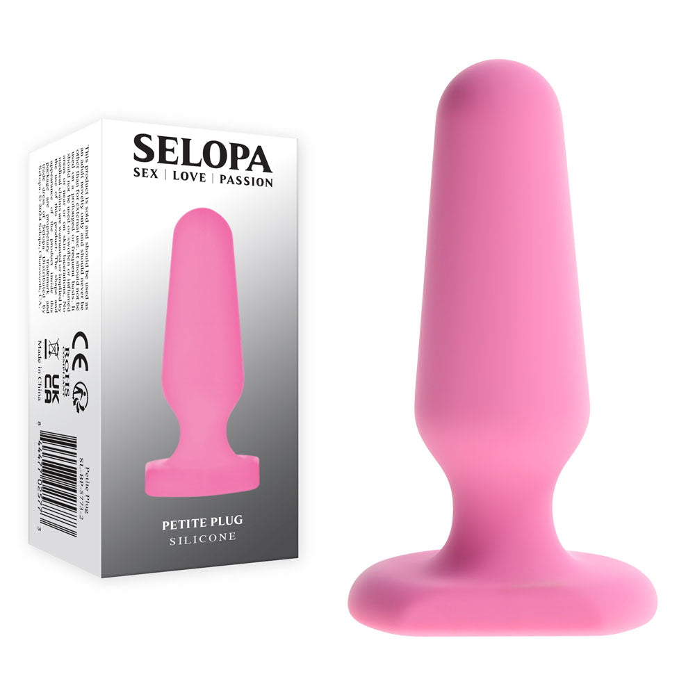 Selopa PETITE PLUG -  7.4 cm Butt Plug in pink silicone packaging for intimate essentials.