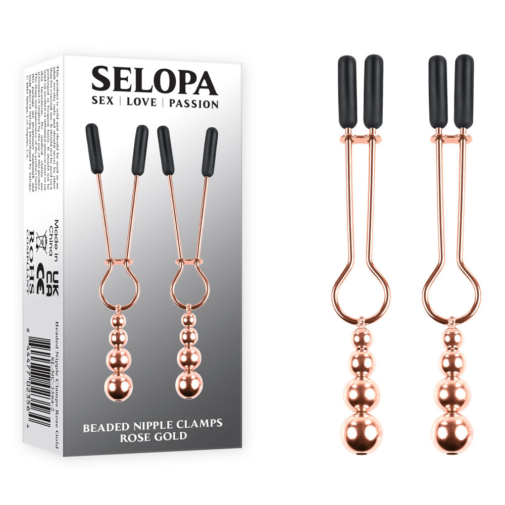 Selopa BEADED NIPPLE CLAMPS -  -  Nipple Clamps - Set of 2 in rose gold with hanging beads and rubber tips.