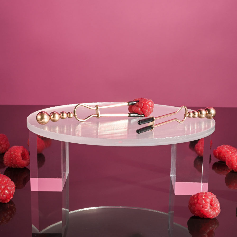 Selopa BEADED NIPPLE CLAMPS -  -  Nipple Clamps - Set of 2 displayed on a clear acrylic stand with raspberries.