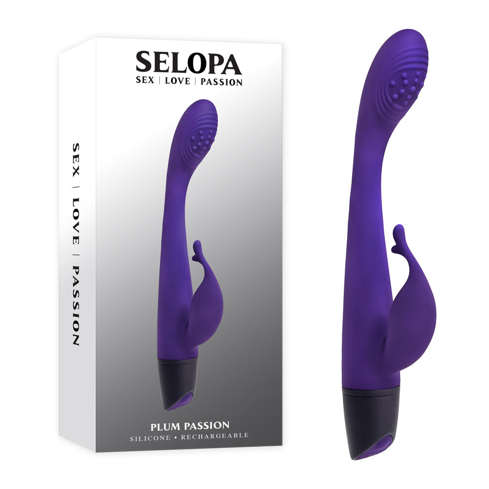 Selopa PLUM PASSION -  18.3 cm USB Rechargeable Rabbit Vibrator in elegant packaging, showcasing its design and features.