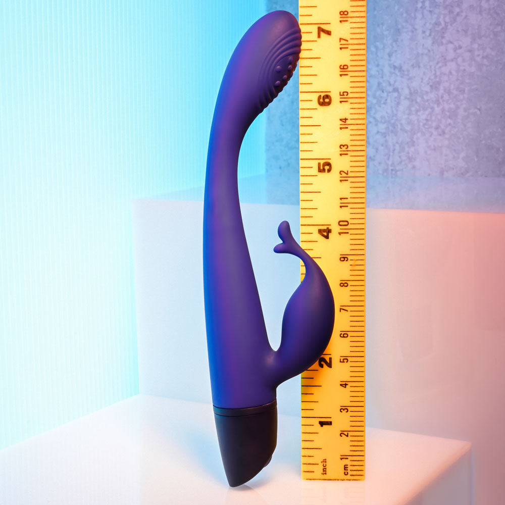 Selopa PLUM PASSION -  18.3 cm USB Rechargeable Rabbit Vibrator next to a ruler for size reference