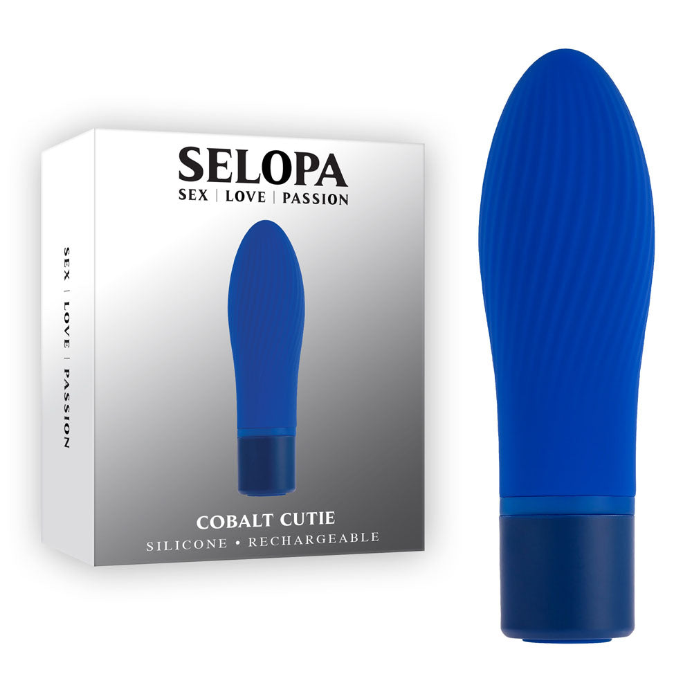 Selopa COBALT CUTIE - blue silicone rechargeable vibrator with sleek design and packaging