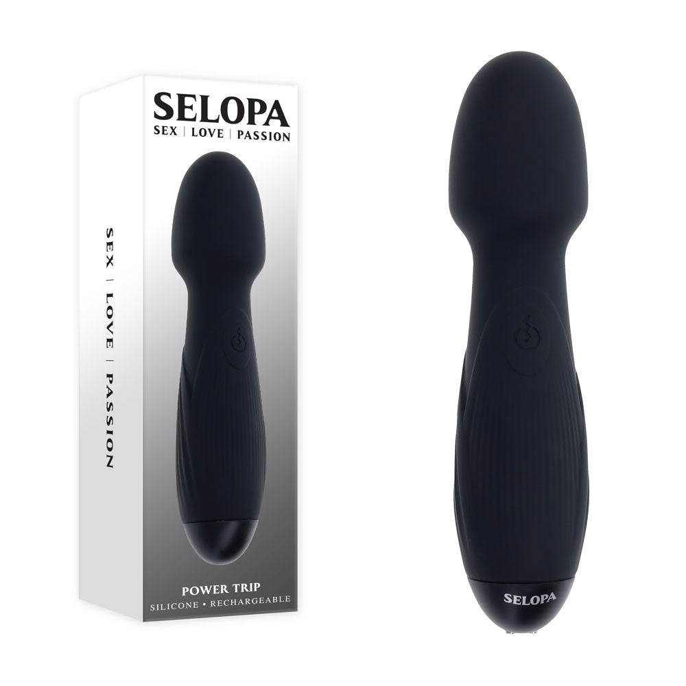 Selopa POWER TRIP - 18.8 cm USB Rechargeable Massage Wand with sleek silicone design and textured grip.