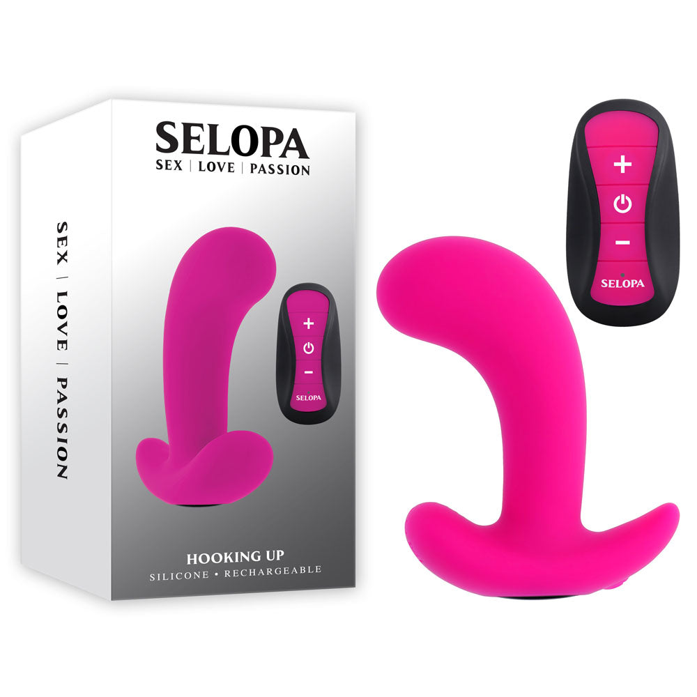 Selopa HOOKING UP - 9.5 cm USB Rechargeable Vibrator with Wireless Remote next to its packaging.