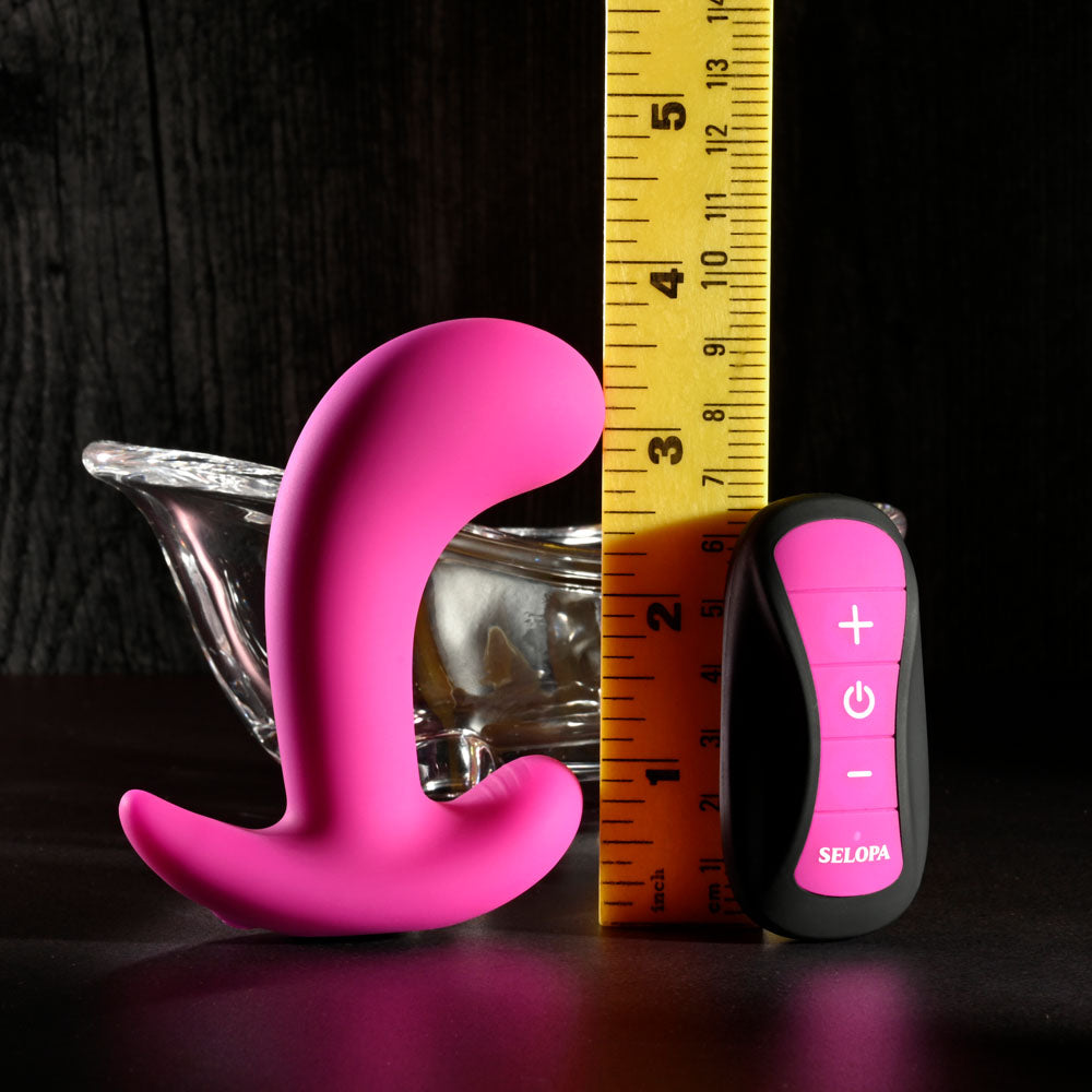 Selopa HOOKING UP - 9.5 cm USB Rechargeable Vibrator with Wireless Remote next to a ruler for size measurement.