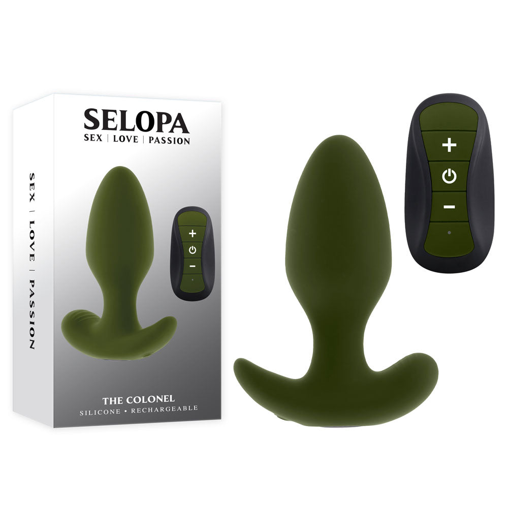 Selopa THE COLONEL - 10.1 cm USB Rechargeable Vibrating Butt Plug with Wireless Remote packaging and product.
