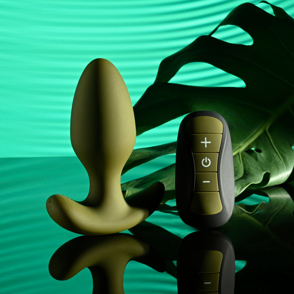 Selopa THE COLONEL - 10.1 cm USB Rechargeable Vibrating Butt Plug with Wireless Remote next to remote control.