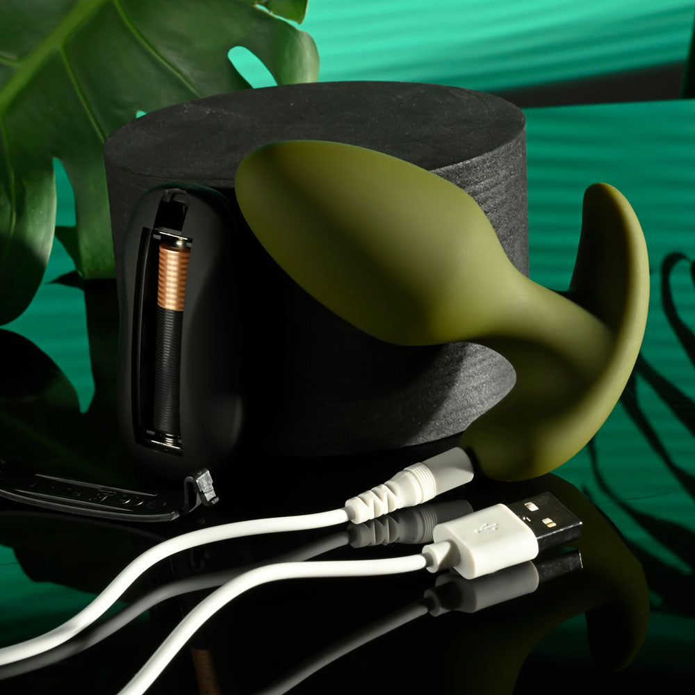 Selopa THE COLONEL - 10.1 cm USB Rechargeable Vibrating Butt Plug with Wireless Remote with charger and background.