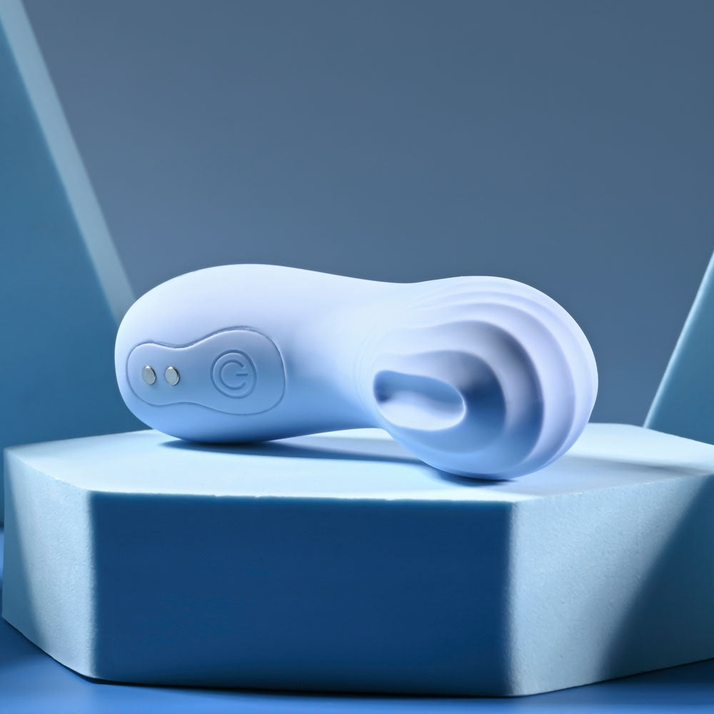 Selopa GOOD POINT -  USB Rechargeable Hollow Vibrating Finger Stimulator on a geometric pedestal for intimate essentials.