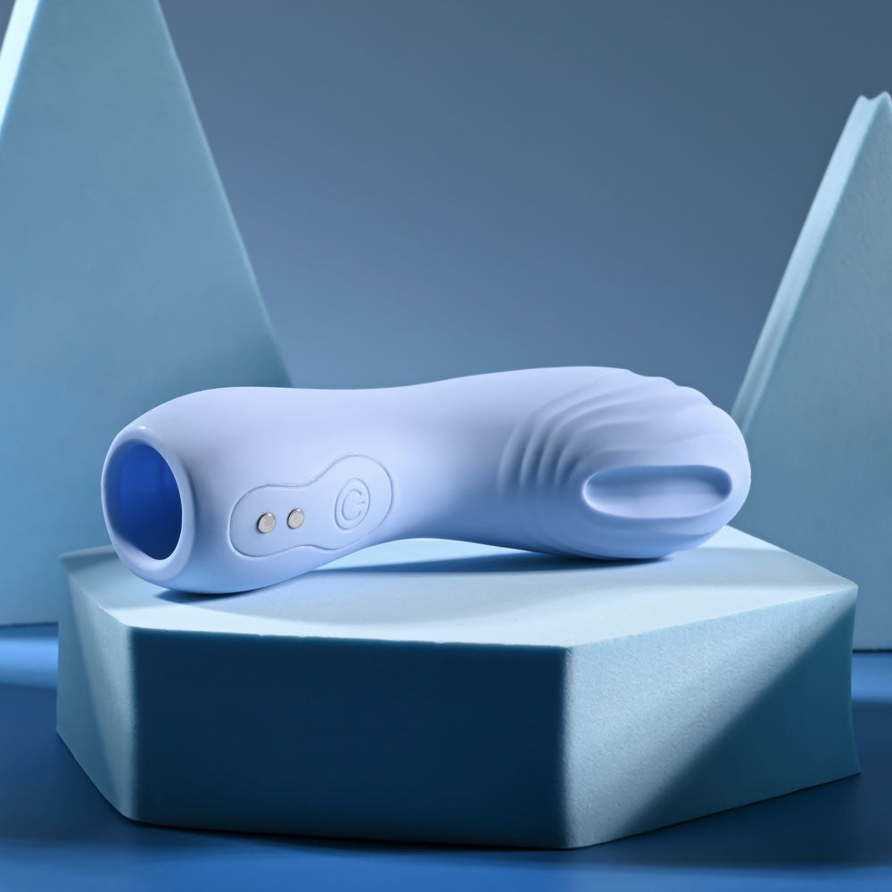 Selopa GOOD POINT -  USB Rechargeable Hollow Vibrating Finger Stimulator on a blue geometric display.