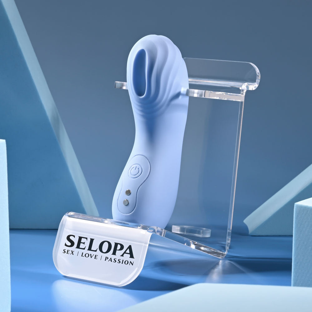 Selopa GOOD POINT -  USB Rechargeable Hollow Vibrating Finger Stimulator displayed on a stand.